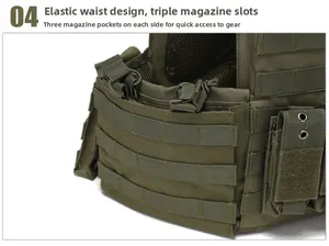 Detail of army green tactical vest featuring elastic waist system and triple magazine pouches