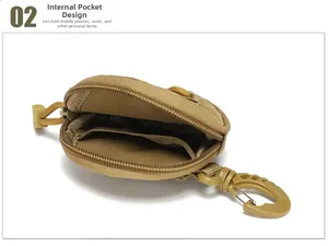 Detail view of khaki tactical pouch interior with compartments and swivel clip
