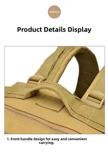 Detail of reinforced nylon handle and breathable S-shaped shoulder straps on tactical pack