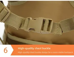 Close-up of adjustable chest buckle on khaki tactical outdoor hiking backpack