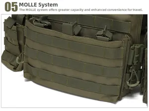 Detail of army green tactical vest featuring high-strength MOLLE webbing and quick-release buckle