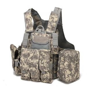 Detail view of digital camo tactical vest with Molle system pouches and breathable mesh