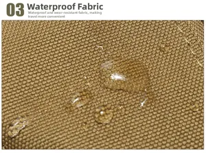 Close-up of waterproof khaki nylon fabric with water droplets on a tactical utility pouch