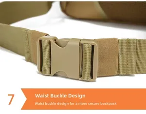 Detail of durable khaki tactical waist buckle and nylon webbing for hiking backpack