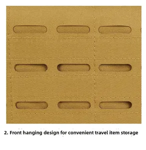 Detail of laser-cut MOLLE system on coyote brown tactical backpack for outdoor gear mounting