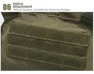 Detail of army green tactical vest showing MOLLE webbing and hook-and-loop patch areas