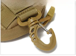Detail of durable khaki tactical pouch showing heavy-duty swivel hook and reinforced nylon fabric