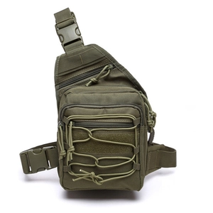 Army green tactical leg bag made of durable nylon with multi-pocket storage and straps