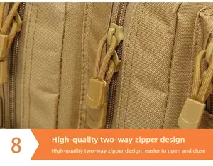 Detail of durable double-way zippers and high-density nylon fabric on the khaki tactical bag