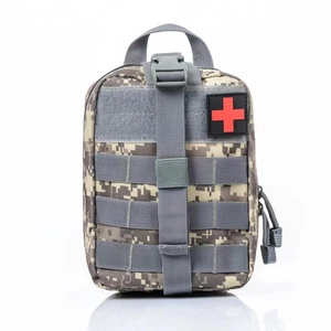 Tactical desert camouflage medical pouch with red cross patch and Molle system straps