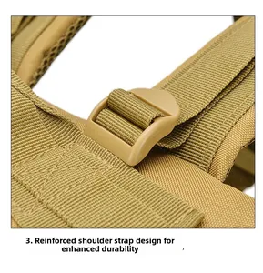 Detail of reinforced shoulder strap with breathable mesh and cross stitching on tactical pack
