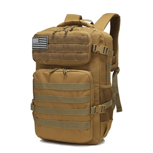 Tactical hiking backpack in khaki with MOLLE system and US flag patch on white background