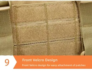 Detail view of khaki tactical backpack with front hook and loop patch area and MOLLE webbing