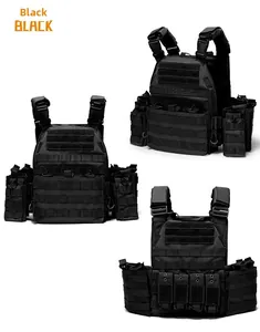 Multi-angle view of a black tactical vest with MOLLE system and nylon fabric detailing