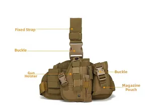 Tactical thigh rig detail showing khaki nylon holster, magazine pouch, and secure buckles