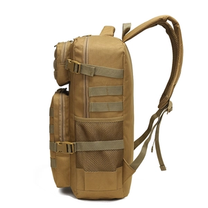Tactical outdoor hiking backpack in khaki nylon with MOLLE system and mesh straps