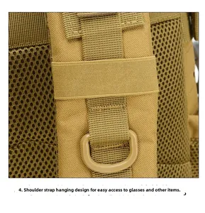 Detail of tactical backpack shoulder strap with D-ring and breathable mesh fabric