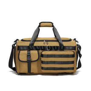 Tactical khaki fitness travel bag with MOLLE system and reinforced straps for outdoors