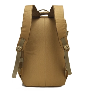 Tactical hiking backpack in khaki with breathable mesh back panel and padded straps