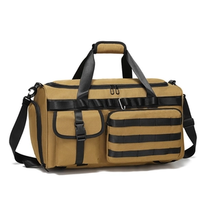 Tactical multi-functional fitness travel bag in khaki with MOLLE system and crossbody strap