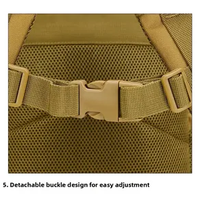 Detail of adjustable buckle and durable nylon strap on tactical hiking backpack