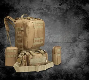 Detail view of 45L khaki tactical backpack with modular MOLLE system and detachable pouches