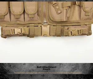 Detail of adjustable tactical belt with modular coyote brown utility pouches