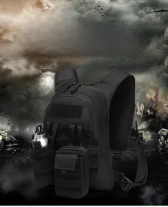 Detail of black tactical backpack with MOLLE system, water bottle pouch and modular attachments