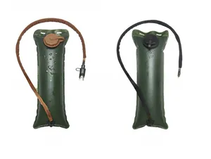 Detail of 3L TPU hydration bladders with khaki and black protective hose sleeves