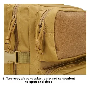 Tactical backpack detail with dual-way zippers, webbing straps, and Velcro panel in coyote brown