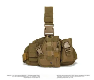 Front view of tan tactical leg platform with durable Molle webbing and buckles