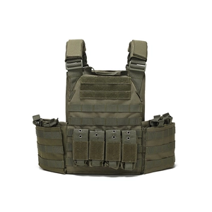 Army green tactical MOLLE plate carrier vest with modular magazine pouches and padded straps