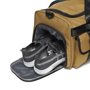 Tactical fitness gym bag in khaki with a specialized side independent shoe compartment