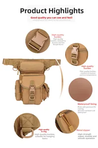 Detail view of waterproof lining and high-strength buckles on khaki tactical leg bag