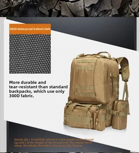Detail of 800D waterproof Oxford cloth on khaki tactical 45L hiking backpack