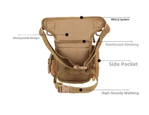 Detail view of khaki tactical leg bag showing breathable mesh back and MOLLE system