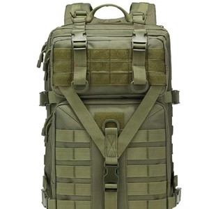 Olive green large tactical backpack with Molle system for outdoor hiking and camping