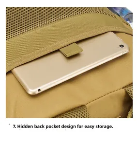 Tactical backpack detail showing a hidden back pocket for a tablet and breathable mesh padding