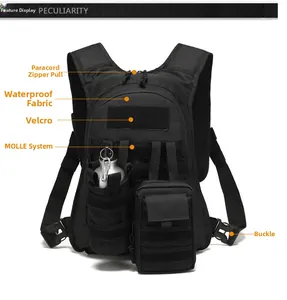 Detail of waterproof nylon tactical backpack featuring MOLLE system and paracord zipper pulls