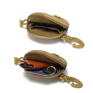 Tactical round khaki nylon coin pouch with D-ring buckle and internal mesh storage pocket