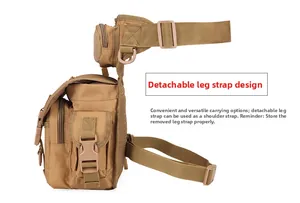 Detail view of khaki tactical leg bag showing the detachable strap and buckle mechanisms