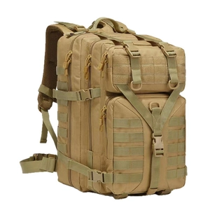 Waterproof tactical backpack in khaki nylon for outdoor hiking and camping
