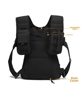 Close-up of black tactical bag featuring MOLLE system straps and durable side zippers