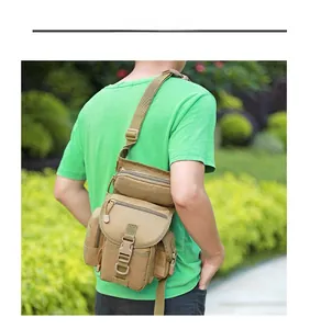 Rear view of khaki tactical oxford cloth shoulder bag with MOLLE webbing for outdoor activities