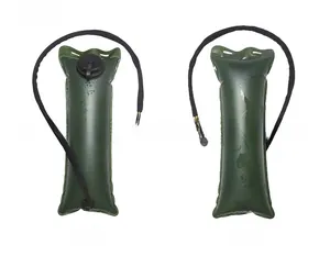 Detail view of 3L military green TPU hydration bladder with screw cap and drinking tube