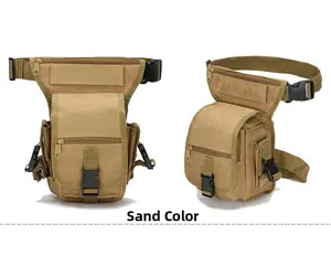 Vue détaillée du sac de jambe tactique couleur sable avec poches et sangles en nylon