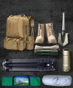 Detailed view of 45L khaki tactical backpack with modular MOLLE storage and outdoor gear