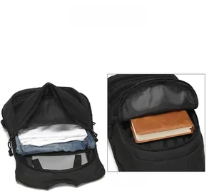 Detail of the tactical backpack showing internal capacity for laptop, clothes, and notebook