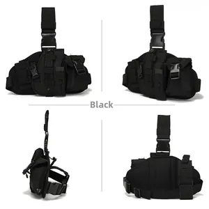 Detailed views of a black tactical Molle leg bag with adjustable straps and buckles
