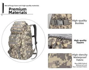 Detail of 800D oxford fabric, waterproof zipper, and buckle on camo tactical backpack